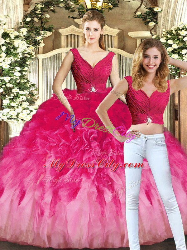 Latest Multi-color Ball Gowns V-neck Sleeveless Tulle Floor Length Lace Up Ruching Quinceanera Dress