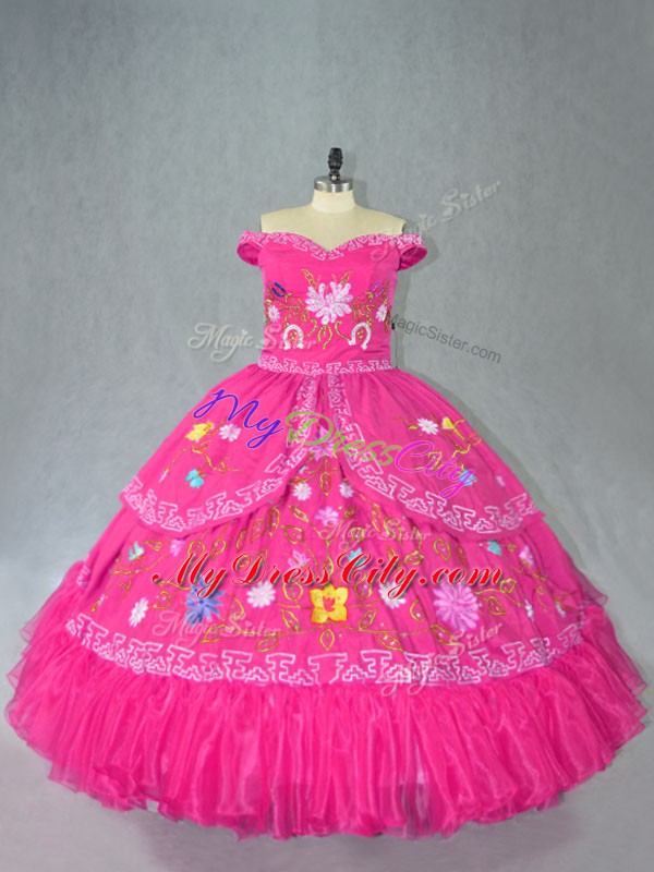 Hot Pink Sleeveless Embroidery Floor Length Sweet 16 Quinceanera Dress