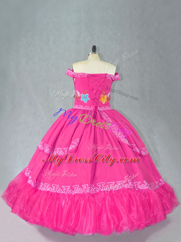 Hot Pink Sleeveless Embroidery Floor Length Sweet 16 Quinceanera Dress