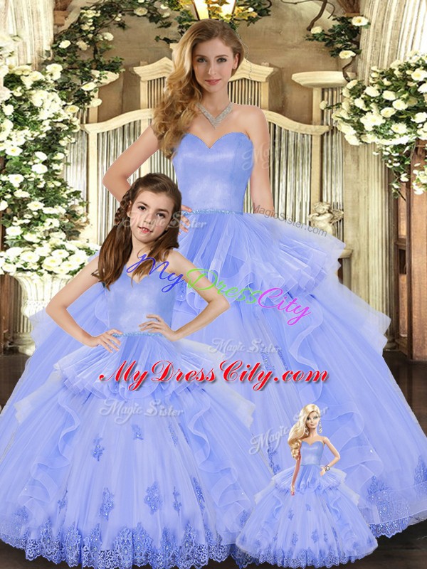 Low Price Sleeveless Tulle Floor Length Lace Up Sweet 16 Dresses in Lavender with Appliques and Ruffles