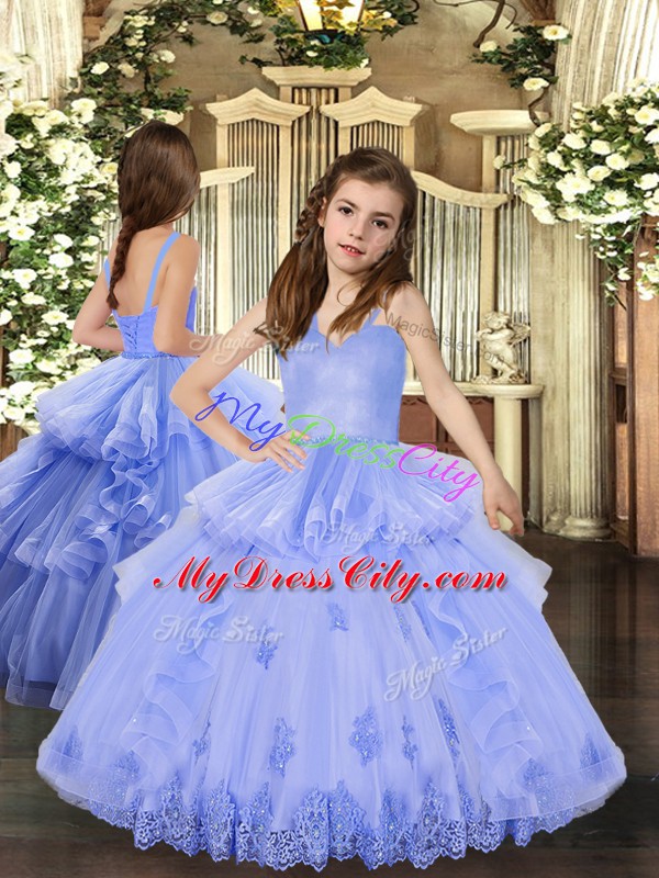 Low Price Sleeveless Tulle Floor Length Lace Up Sweet 16 Dresses in Lavender with Appliques and Ruffles