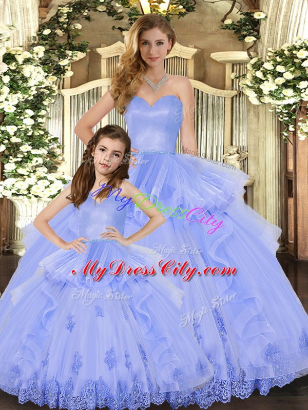 Low Price Sleeveless Tulle Floor Length Lace Up Sweet 16 Dresses in Lavender with Appliques and Ruffles