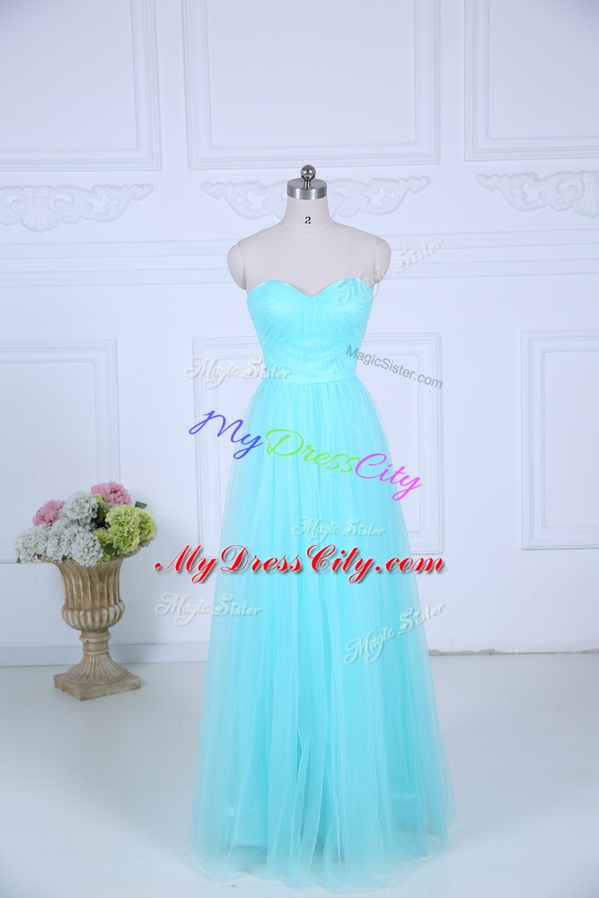 Aqua Blue Empire Sweetheart Sleeveless Tulle Floor Length Zipper Ruching Dama Dress