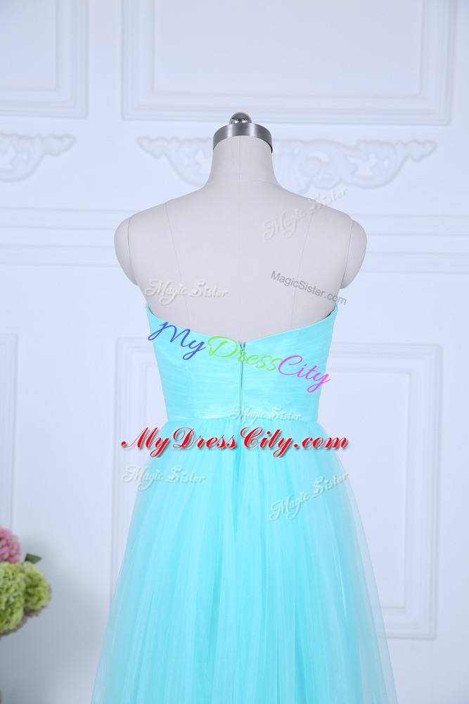 Aqua Blue Empire Sweetheart Sleeveless Tulle Floor Length Zipper Ruching Dama Dress