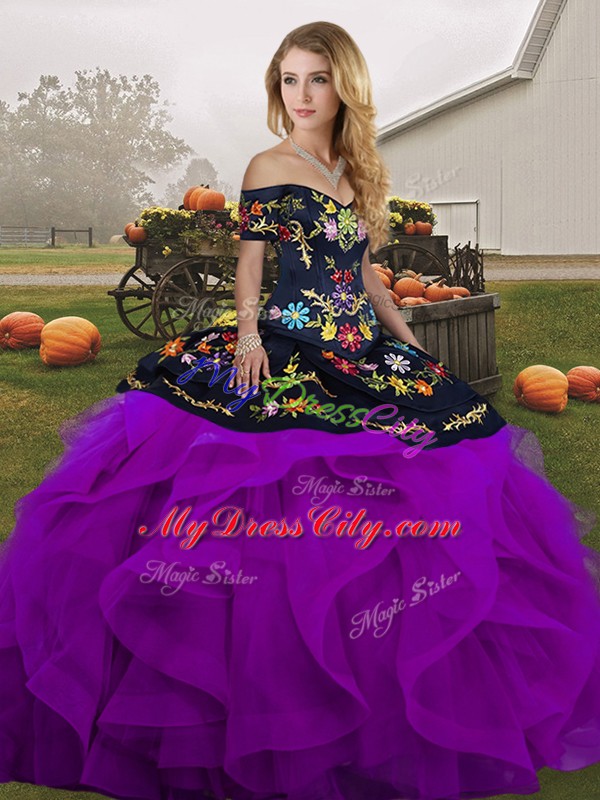 Embroidery and Ruffles Quinceanera Dress Black And Purple Lace Up Sleeveless Floor Length