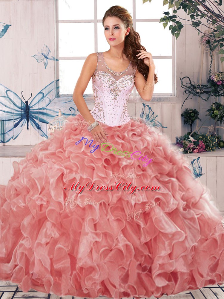 Fine Watermelon Red Ball Gowns Organza Scoop Sleeveless Beading and Ruffles Floor Length Clasp Handle Ball Gown Prom Dress