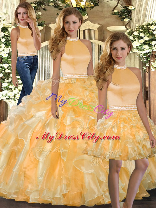 On Sale Gold Sleeveless Organza Backless Quinceanera Dresses for Sweet 16