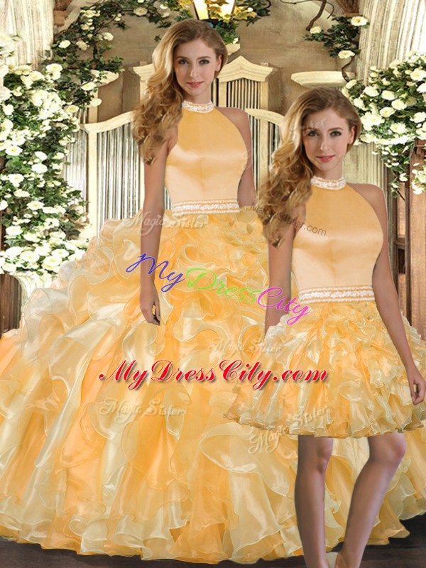 On Sale Gold Sleeveless Organza Backless Quinceanera Dresses for Sweet 16