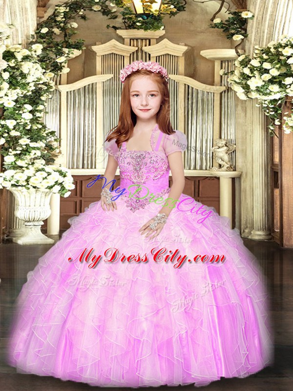 Lilac Sleeveless Beading and Ruffles Floor Length Pageant Gowns For Girls