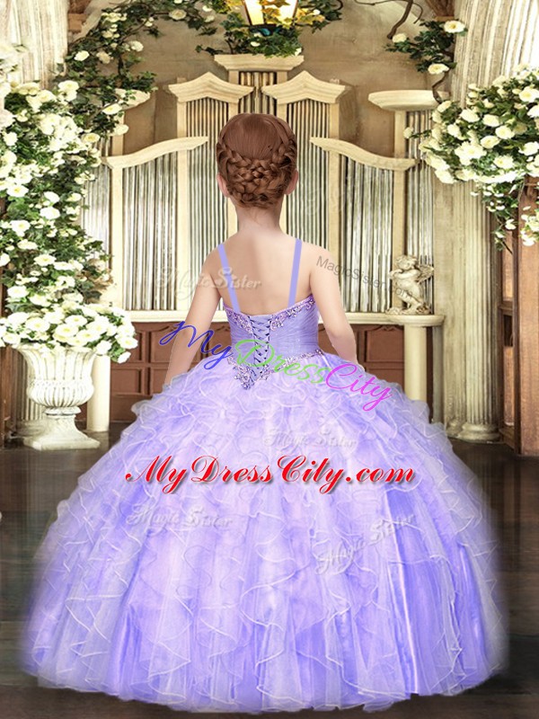 Lilac Sleeveless Beading and Ruffles Floor Length Pageant Gowns For Girls