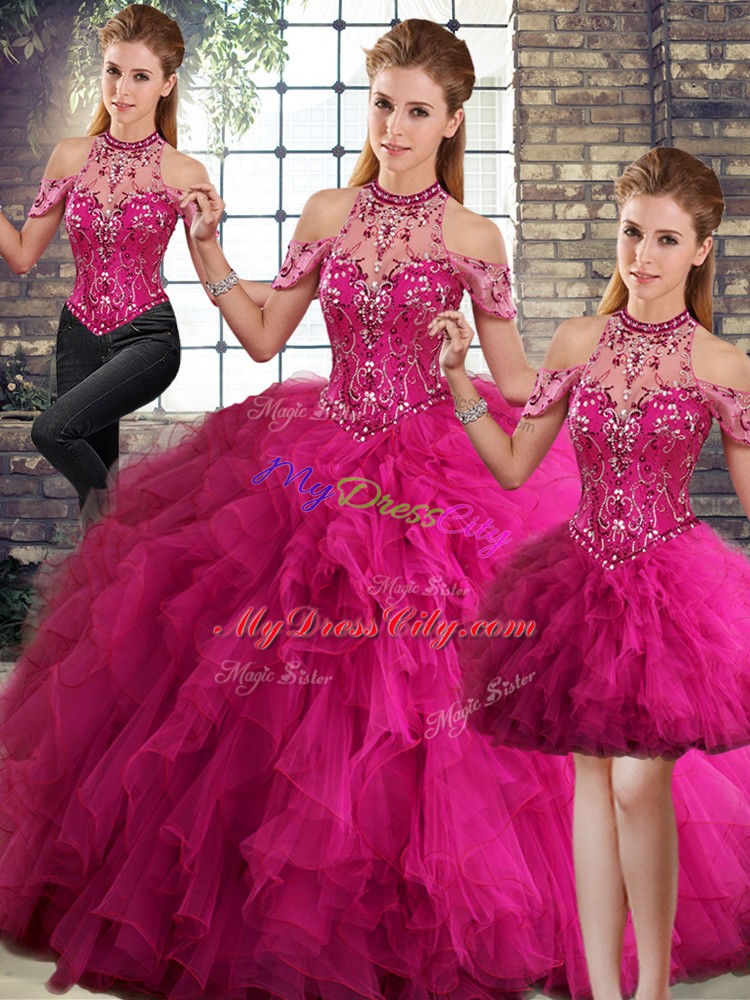 Best Selling Floor Length Fuchsia Sweet 16 Quinceanera Dress Halter Top Sleeveless Lace Up