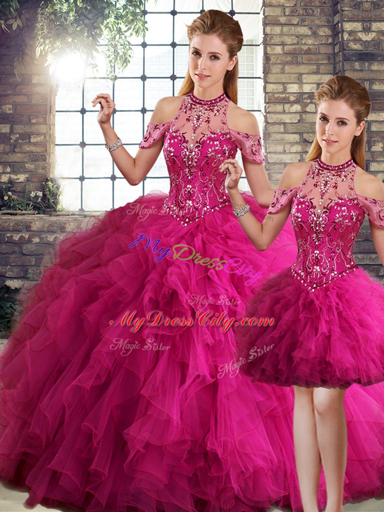 Best Selling Floor Length Fuchsia Sweet 16 Quinceanera Dress Halter Top Sleeveless Lace Up