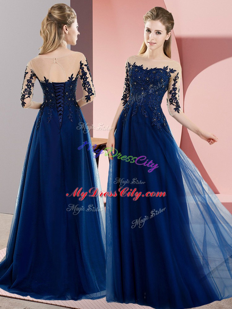 Sweet Navy Blue Empire Chiffon Bateau Half Sleeves Beading and Lace Floor Length Lace Up Wedding Guest Dresses