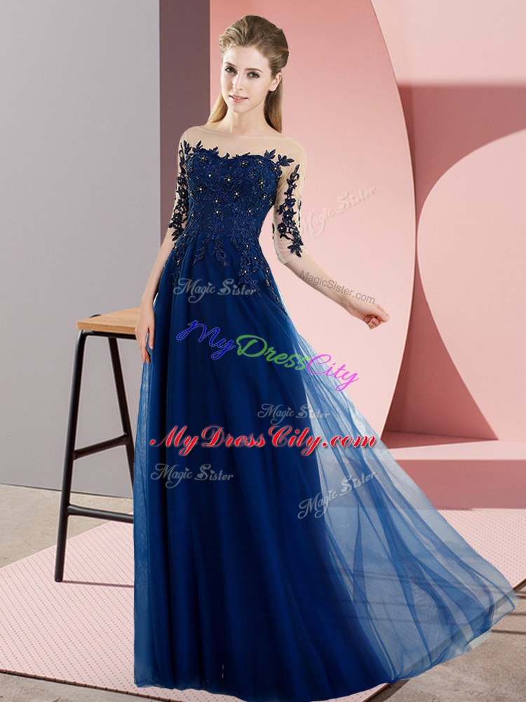 Sweet Navy Blue Empire Chiffon Bateau Half Sleeves Beading and Lace Floor Length Lace Up Wedding Guest Dresses