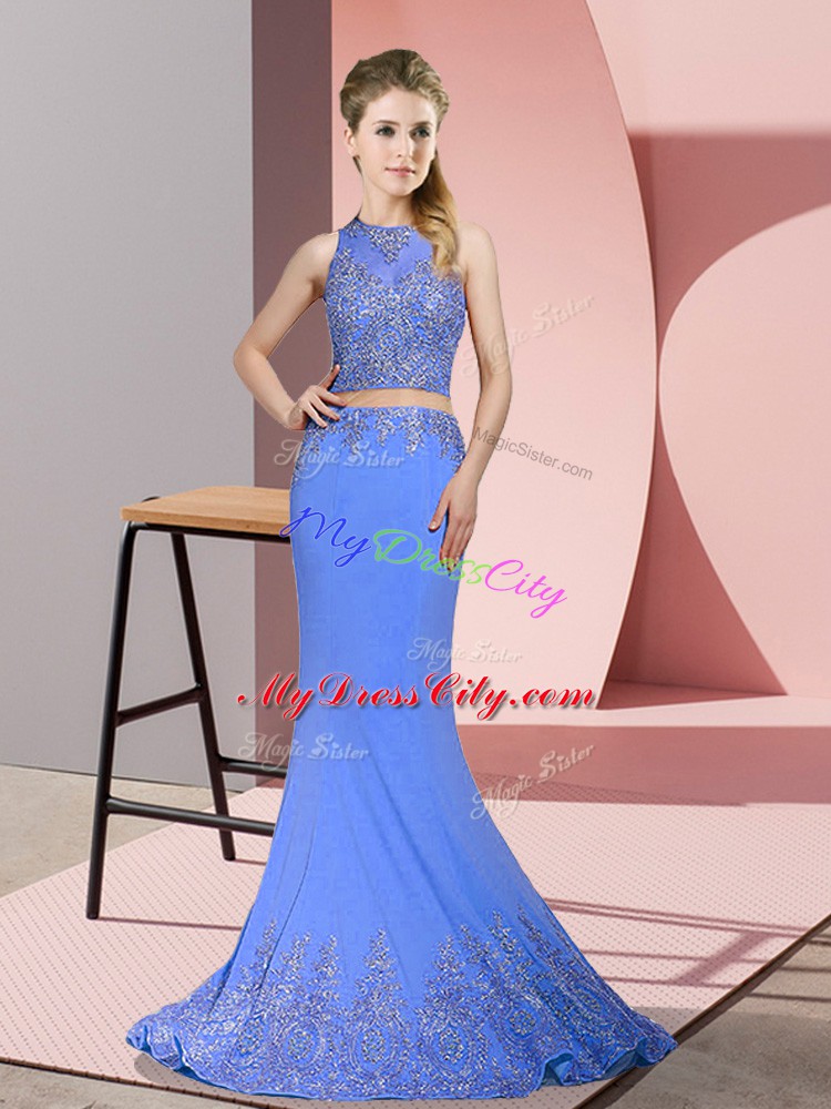 Wonderful Lavender Evening Dress Prom and Party with Beading and Appliques High-neck Sleeveless Sweep Train Zipper