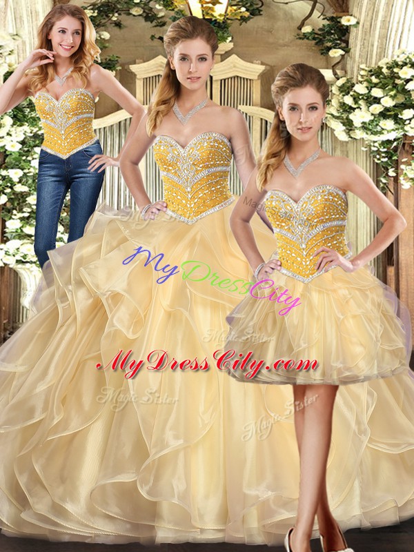 Organza Sweetheart Sleeveless Lace Up Beading and Ruffles Ball Gown Prom Dress in Champagne