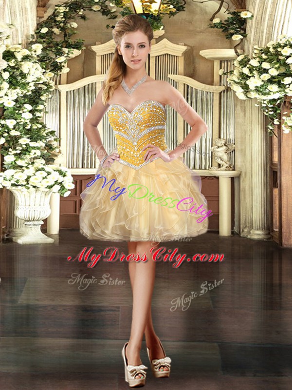 Organza Sweetheart Sleeveless Lace Up Beading and Ruffles Ball Gown Prom Dress in Champagne