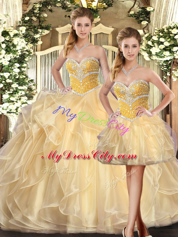 Organza Sweetheart Sleeveless Lace Up Beading and Ruffles Ball Gown Prom Dress in Champagne