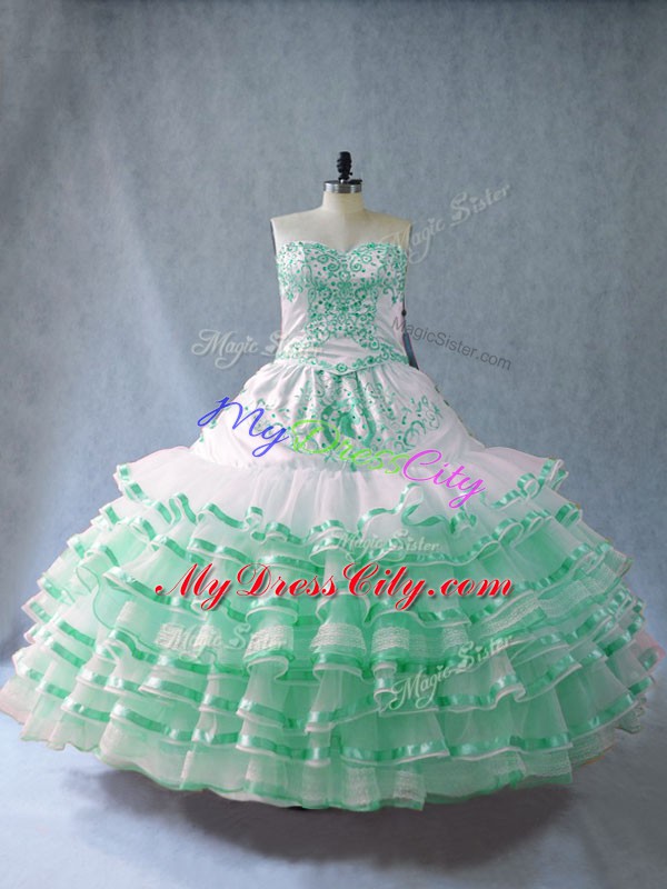 Floor Length Apple Green Quince Ball Gowns Organza Sleeveless Embroidery and Ruffled Layers