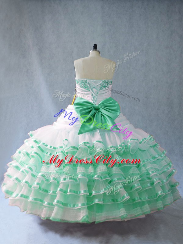 Floor Length Apple Green Quince Ball Gowns Organza Sleeveless Embroidery and Ruffled Layers