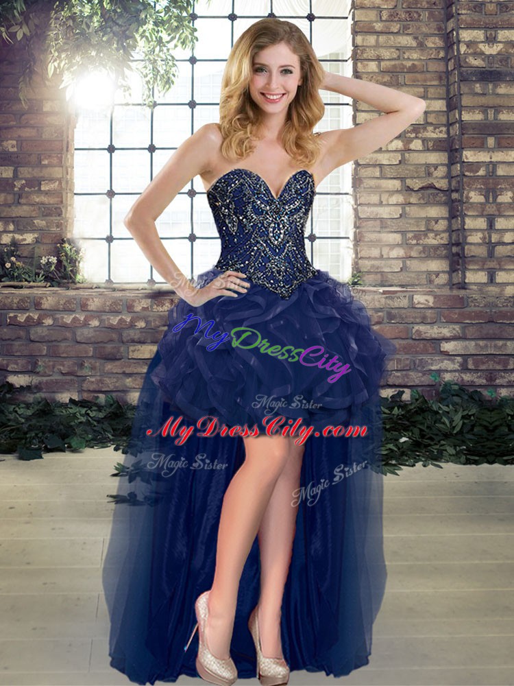 Excellent Navy Blue A-line Beading and Ruffles Lace Up Tulle Sleeveless High Low