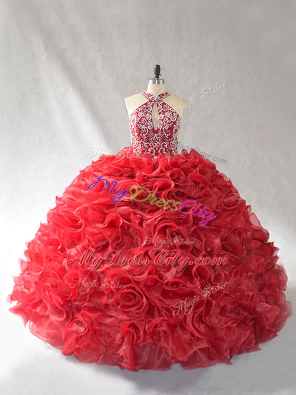 Red Sleeveless Beading and Ruffles Lace Up Vestidos de Quinceanera