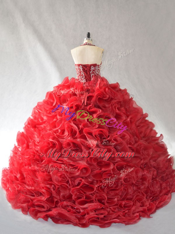 Red Sleeveless Beading and Ruffles Lace Up Vestidos de Quinceanera