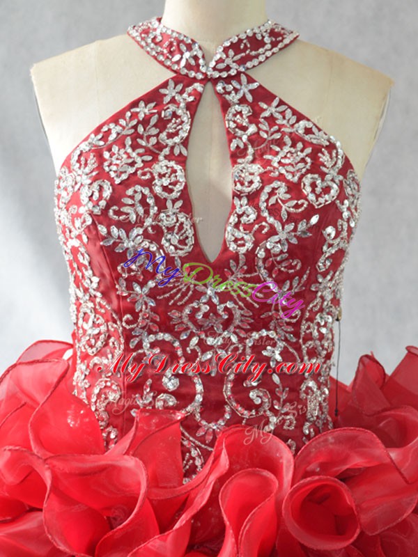 Red Sleeveless Beading and Ruffles Lace Up Vestidos de Quinceanera