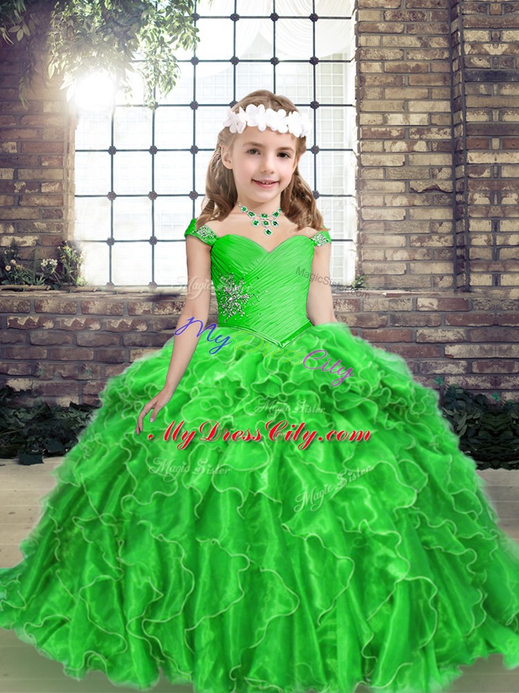 Dramatic Green Organza Lace Up Straps Sleeveless Floor Length Little Girl Pageant Dress Beading and Ruffles