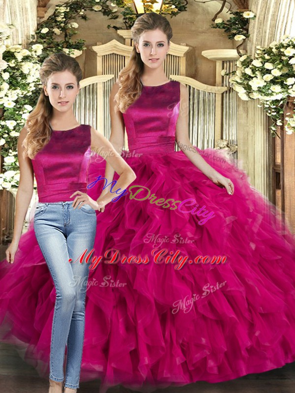 New Arrival Fuchsia Tulle Lace Up Scoop Sleeveless Floor Length Quinceanera Gowns Ruffles