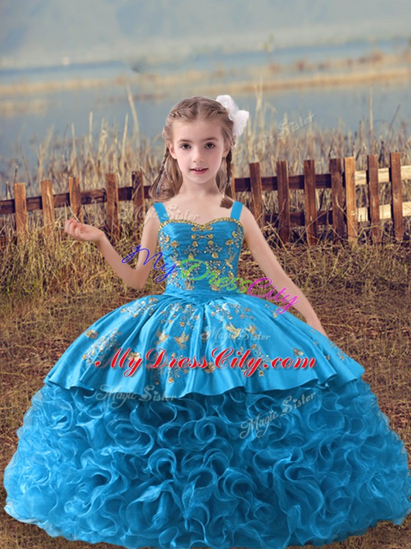 Baby Blue Lace Up Little Girls Pageant Dress Embroidery Sleeveless Sweep Train