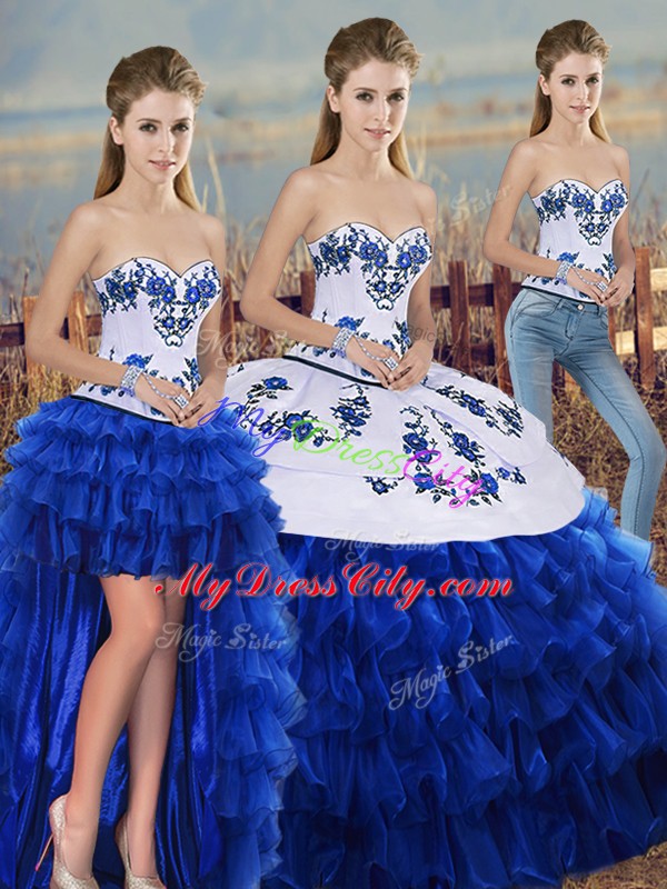 Royal Blue Three Pieces Sweetheart Sleeveless Organza Floor Length Lace Up Embroidery and Ruffled Layers and Bowknot Quinceanera Gowns