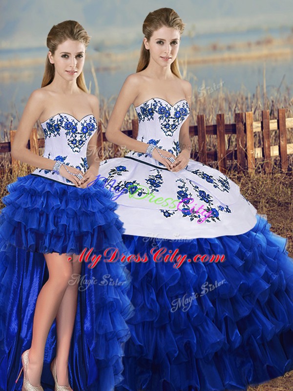 Royal Blue Three Pieces Sweetheart Sleeveless Organza Floor Length Lace Up Embroidery and Ruffled Layers and Bowknot Quinceanera Gowns