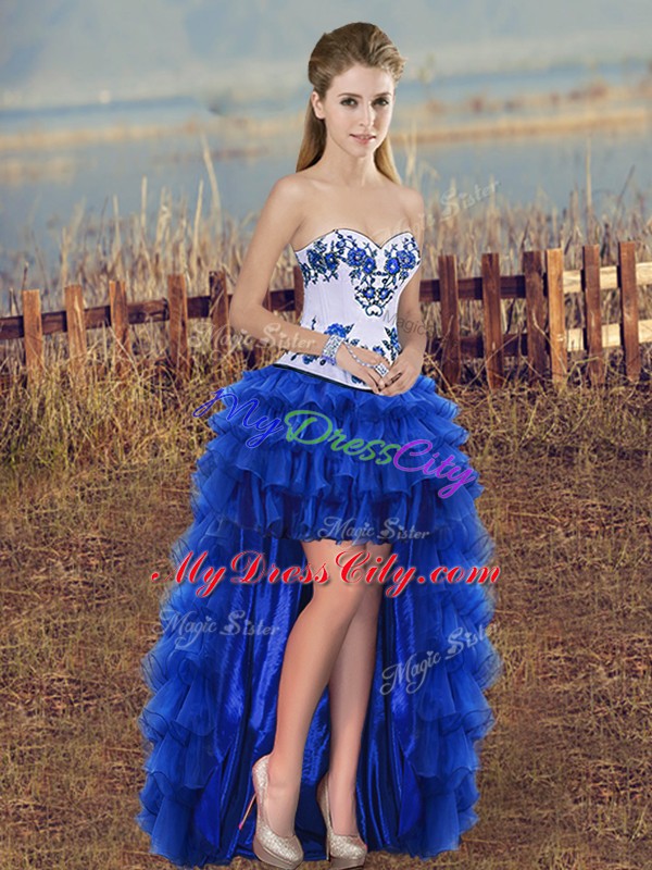 Royal Blue Three Pieces Sweetheart Sleeveless Organza Floor Length Lace Up Embroidery and Ruffled Layers and Bowknot Quinceanera Gowns