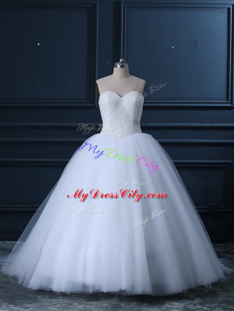 Sleeveless Tulle Brush Train Lace Up Wedding Gowns in White with Beading