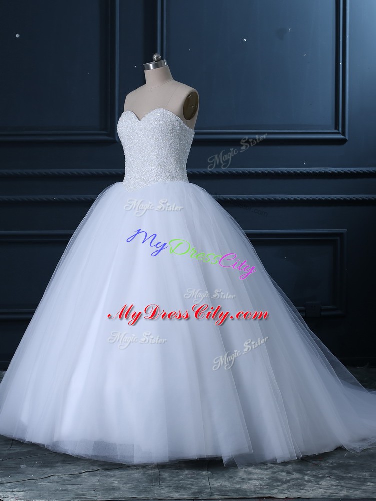 Sleeveless Tulle Brush Train Lace Up Wedding Gowns in White with Beading