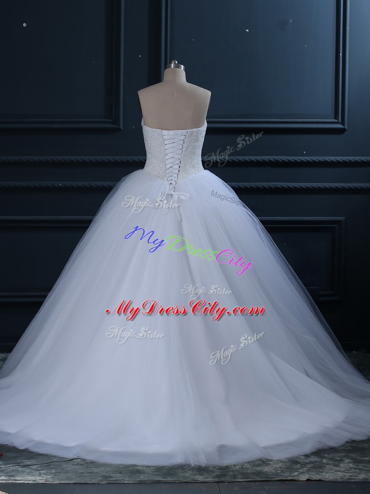 Sleeveless Tulle Brush Train Lace Up Wedding Gowns in White with Beading