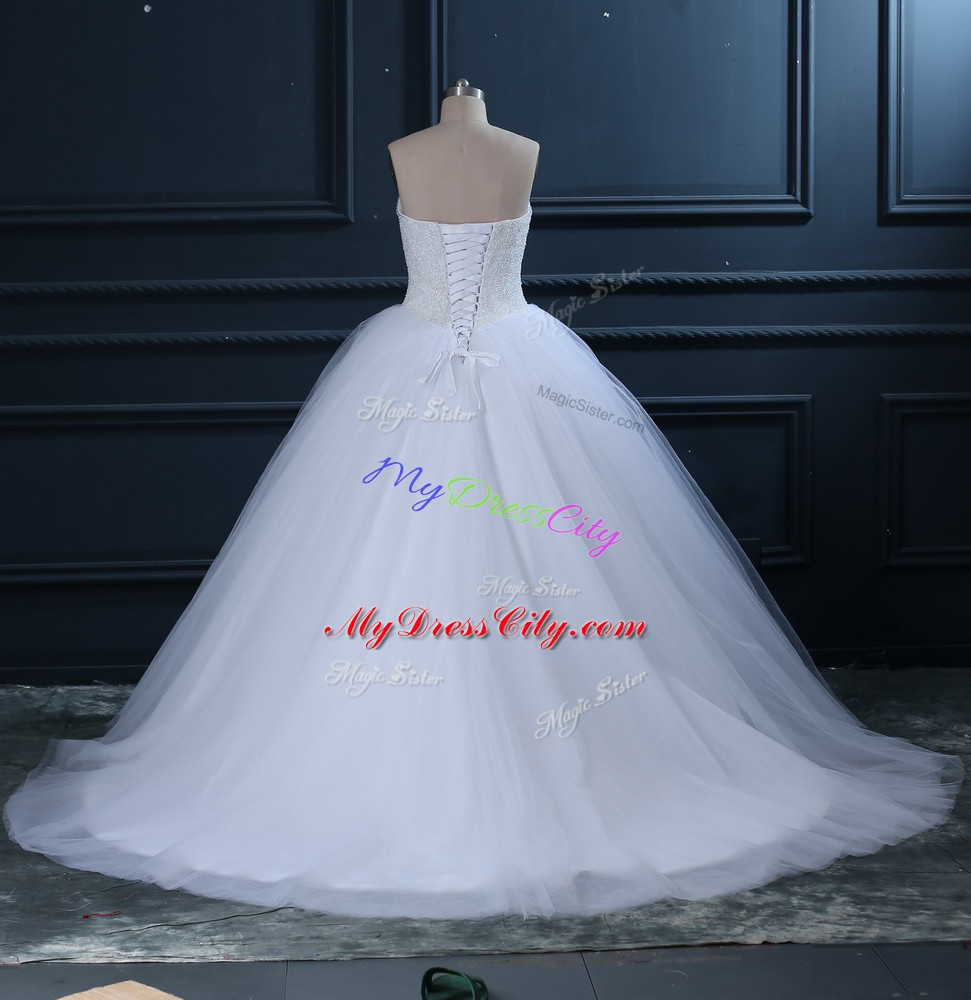 Sleeveless Tulle Brush Train Lace Up Wedding Gowns in White with Beading