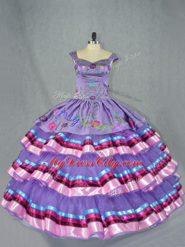 Designer Lavender Straps Neckline Embroidery and Ruffled Layers Sweet 16 Dresses Sleeveless Lace Up