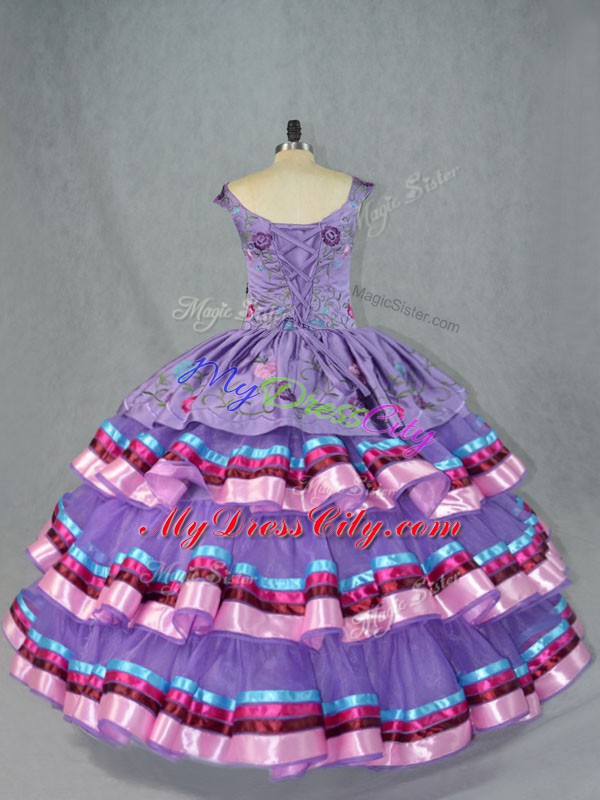 Designer Lavender Straps Neckline Embroidery and Ruffled Layers Sweet 16 Dresses Sleeveless Lace Up