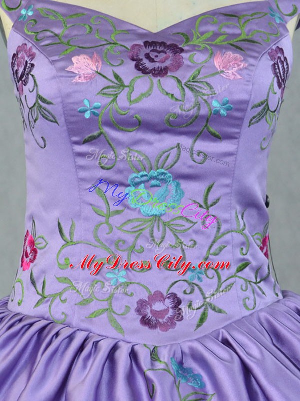 Designer Lavender Straps Neckline Embroidery and Ruffled Layers Sweet 16 Dresses Sleeveless Lace Up