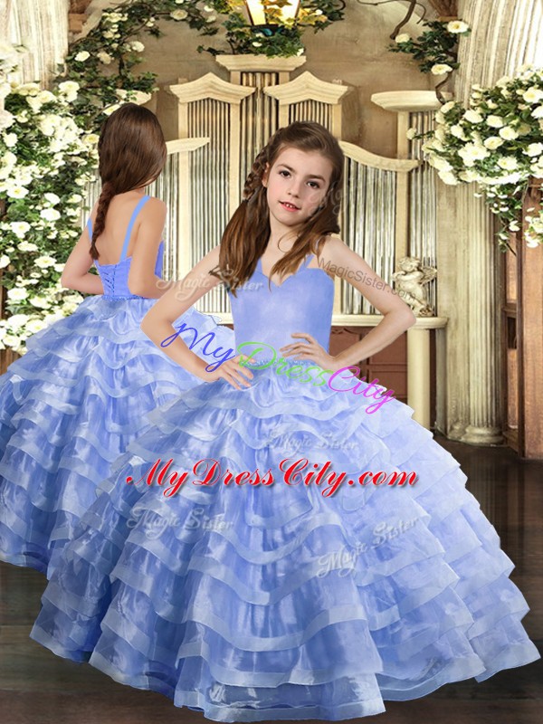 Sleeveless Floor Length Ruffled Layers Lace Up Vestidos de Quinceanera with Lavender