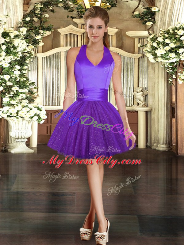 Custom Fit Purple Ball Gowns Halter Top Sleeveless Tulle Mini Length Lace Up Ruching Womens Party Dresses