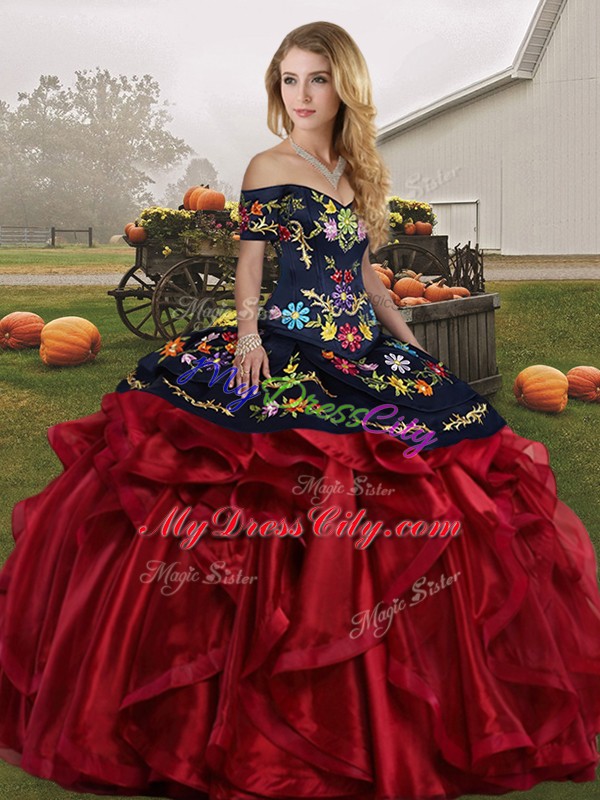 Custom Design Ball Gowns Sweet 16 Dresses Red And Black Off The Shoulder Organza Sleeveless Floor Length Lace Up