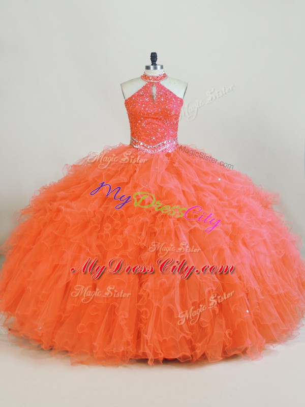 Orange 15th Birthday Dress Sweet 16 and Quinceanera with Beading and Ruffles Halter Top Sleeveless Lace Up