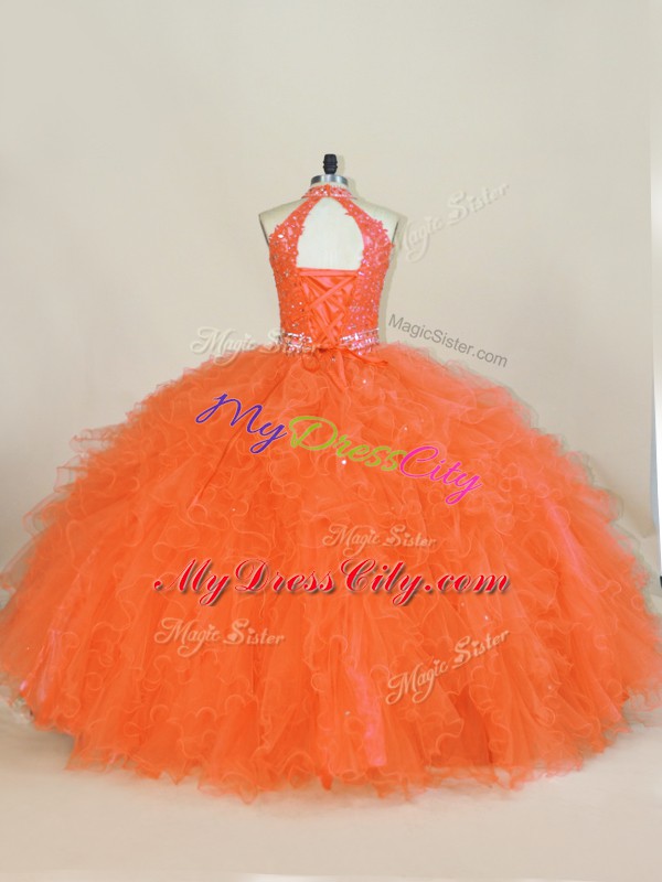 Orange 15th Birthday Dress Sweet 16 and Quinceanera with Beading and Ruffles Halter Top Sleeveless Lace Up