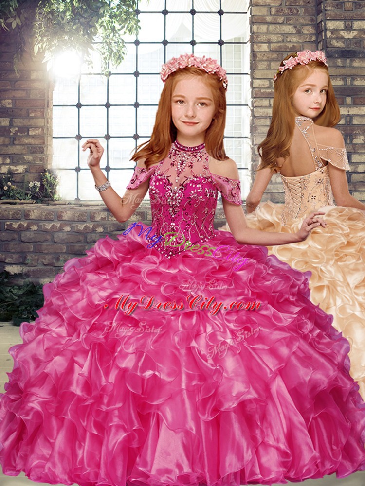 Customized Sleeveless Floor Length Beading and Ruffles Lace Up Little Girl Pageant Dress with Hot Pink