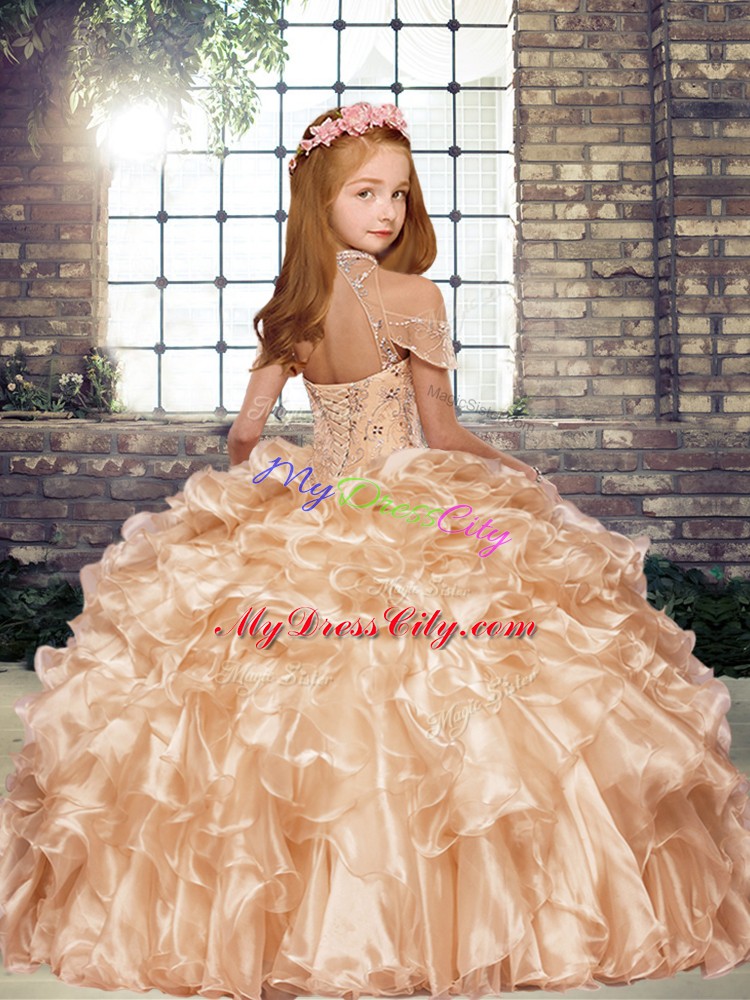 Customized Sleeveless Floor Length Beading and Ruffles Lace Up Little Girl Pageant Dress with Hot Pink