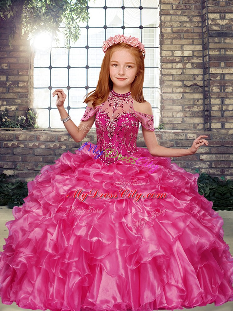 Customized Sleeveless Floor Length Beading and Ruffles Lace Up Little Girl Pageant Dress with Hot Pink