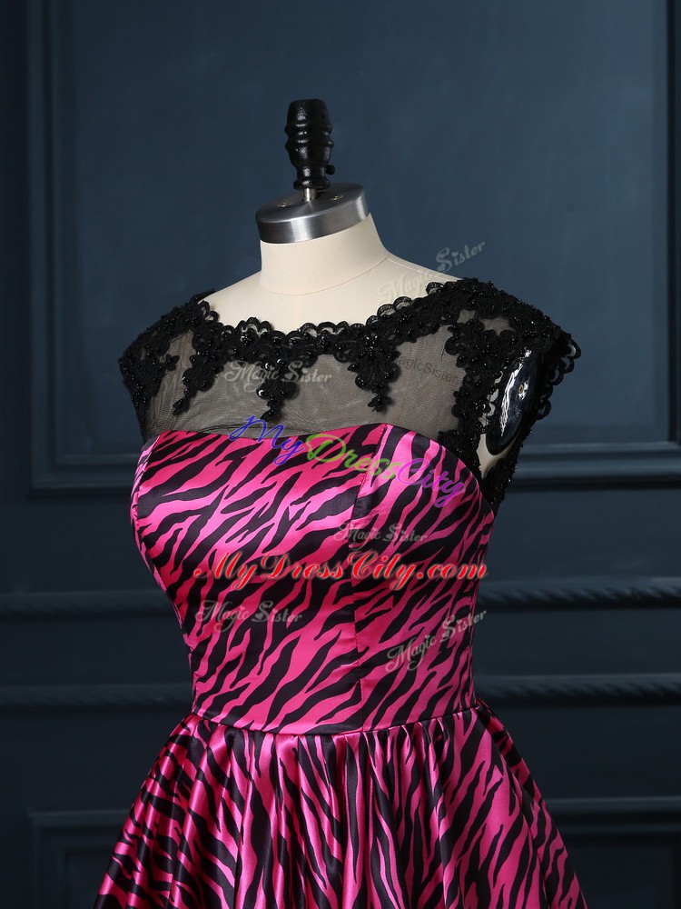 Hot Pink A-line Printed Scoop Cap Sleeves Lace Mini Length Backless Evening Dress